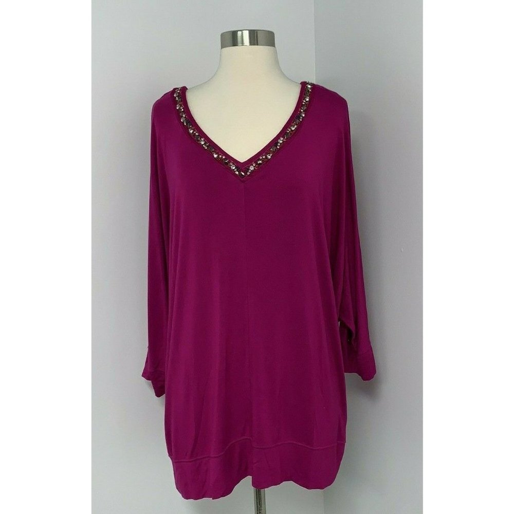 Lane Bryant Womens V-neck Gems Top Plus Size 18 20 Fuchsia Pink Shirt Batwing